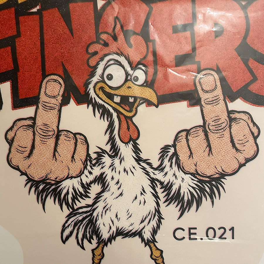 Chicken Fingers supersized decal print chicken giving double middle fingers close-up with CE.021
