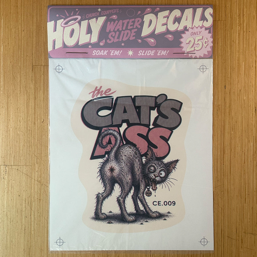 SUPERSIZED Cat's Ass Holy Water Slide Decal print in package